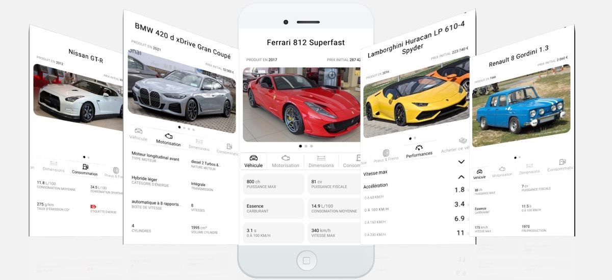 Fiches techniques de plusieurs véhicules dans l'application Bolid