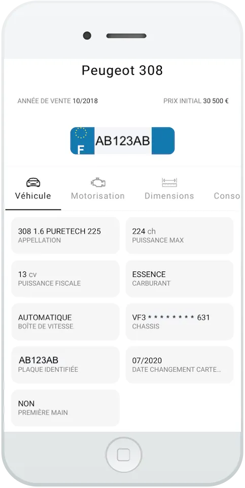 L'application Bolid affichant la fiche technique d'une Peugeot 308